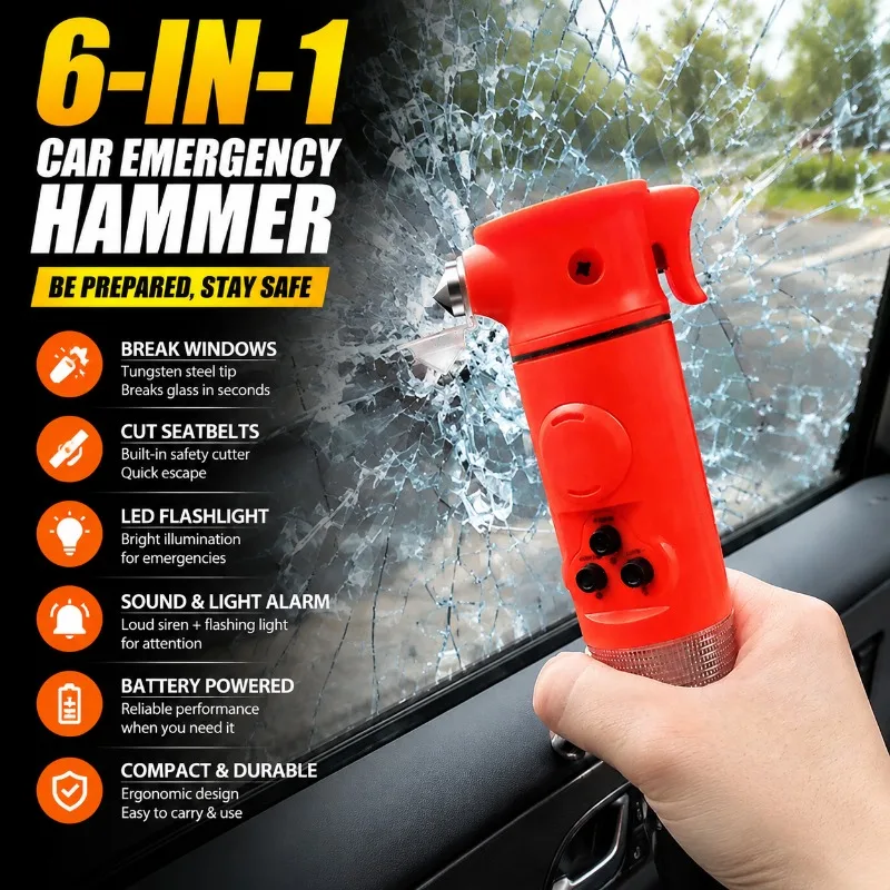 6-in-1 Car Emergency Hammer with Flashlight, Sound & Light Alarm, Window Breaker, Escape Tool for Vehicle Safety