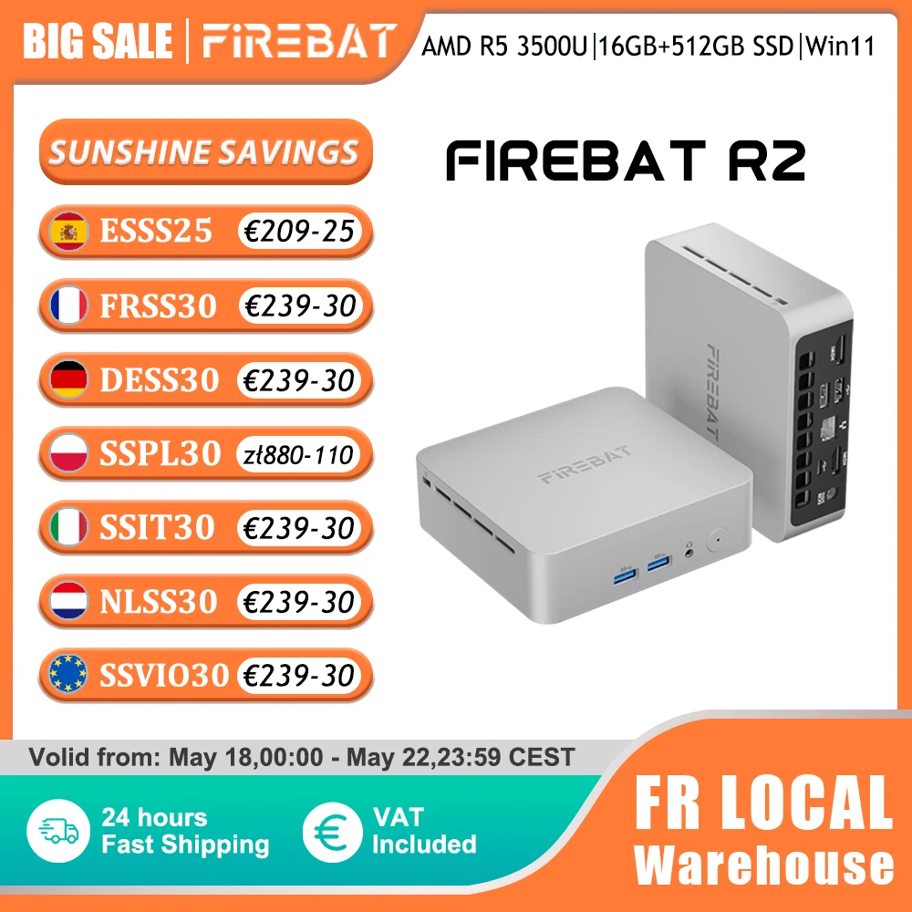 Mini PC FIREBAT R2 AMD Ryzen 5 3500U DDR4 16 Go de RAM 512 Go SSD Windows 11 PC double écran 4K ordinateur de bureau compact