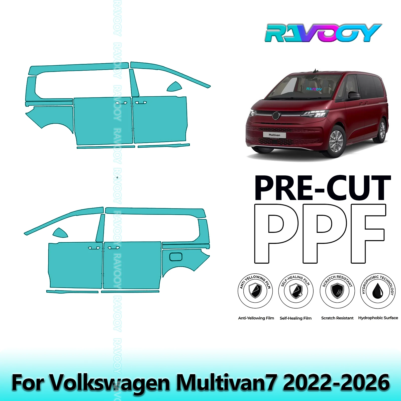 

For Volkswagen Multivan7 2022-2026 8.5mil Clear Matte Pre-Cut PPF Door & A/B Pillar Kit TPU Paint Protection Film Set