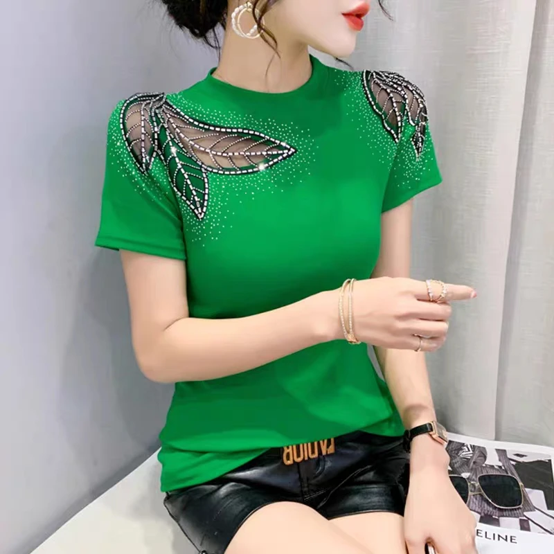 Dingaozlz Women T-Shirt Fashion Casual Hollow Diamonds Casual Tops Elasticity Lady Clothes Tees