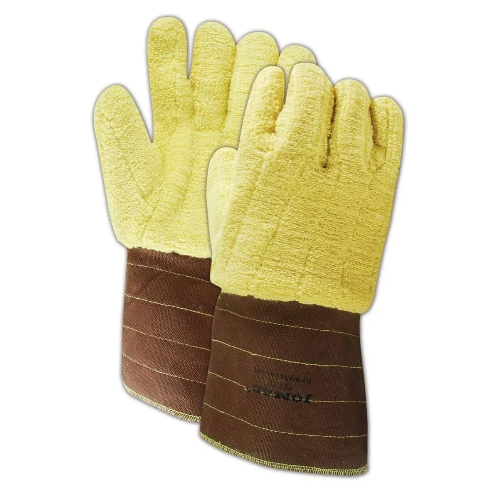 Guantes Industriales de Kevlar y Tela de Rizo Resistentes al Calor, Talla Extra Grande, Color Marrón Amarillo