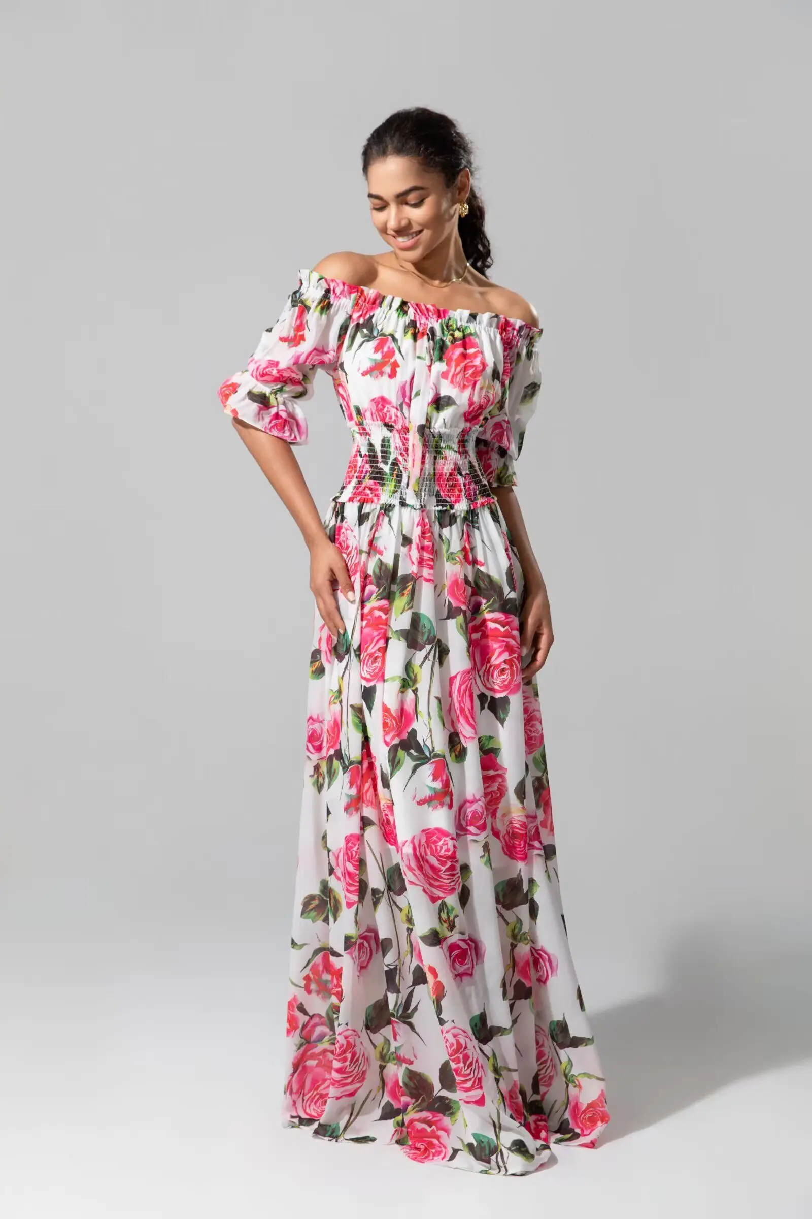 Bohemian Beach Long Dress 2025 Summer Style Women Sexy Slash Neck Charming Floral Print Half Sleeve Casual Long Maxi Dress XXL