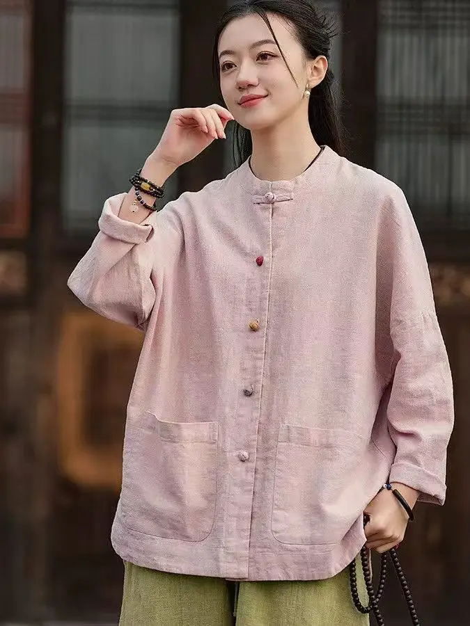 Retro Nieuwe Chinese Sle Losse Katoenen Linnen irt voor Vrouwen met Knop Open Vest Bovenkleding Grote Maat Top