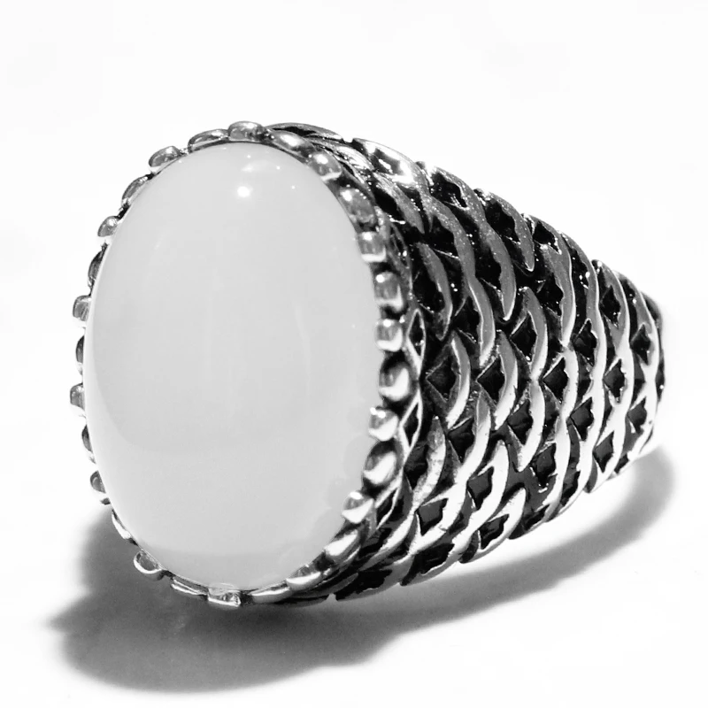 S925 Sterling Silver Ring Türkiye Men's Handmade Jewelry Gift Natural White Agate Vintage Punk Luxury Holiday Gift image 4