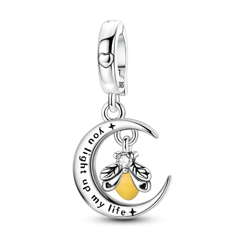 925 Sterling Silver Charms Bead CZ Zircon Firefly Engraved Moon Dangle Fit Original Bracelet DIY Women Jewelry Gift