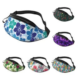 Unisex Blue Hawaii Flower Print Belt Bag Adjustable Strap Waist Bag Crossbody Bag for Travel Hiking Sports Casual School