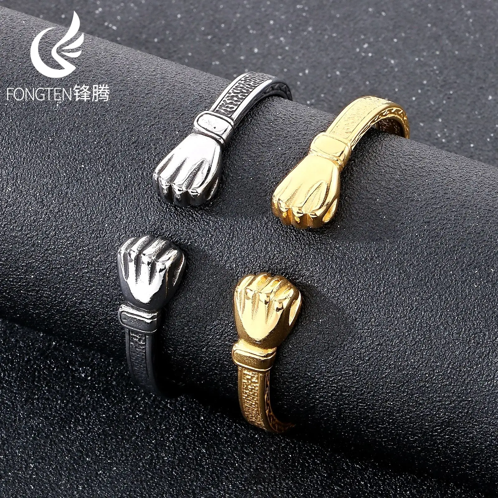 Fongten Fist Stainless Steel Cuff Bangle Gothic patterned bracelet Hip hop Rolling Trendy Accessories Fashion Jewelry Party Gift