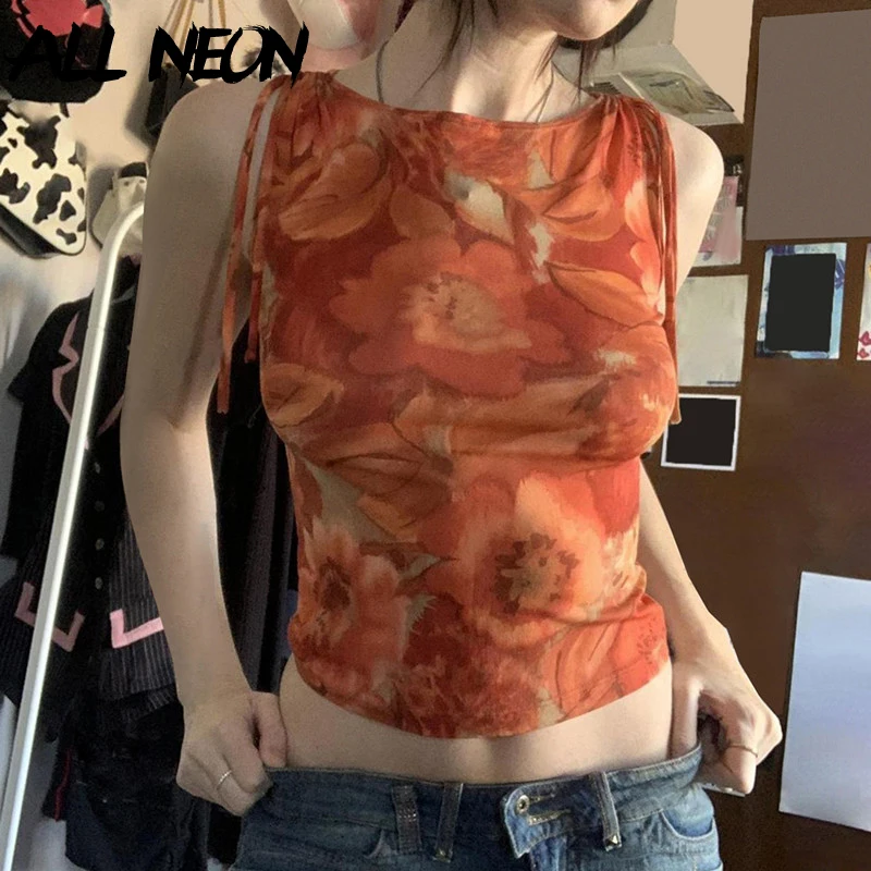 

ALLNeon E-girl Fashion Printed Sleeveless Crop Tops Summer Basic Outfits Women Y2K Aesthetic Lace-up Tanks Top Slim Fit Vests