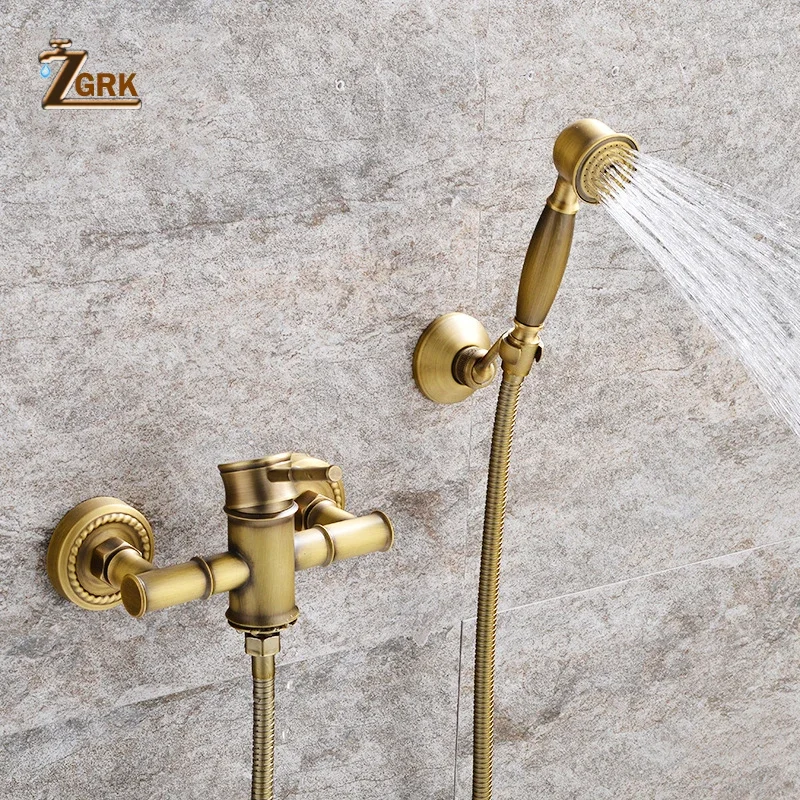 ZGRK Shower Faucets Antique Brass Wall Mounted Bamboo Bathroom Faucet Shower with Handheld Bathtub Faucet Water Mixer Crane Tap