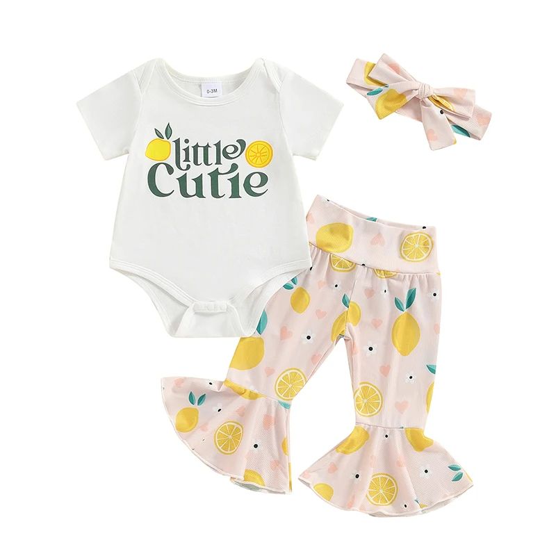 

Newborn Baby Girl Clothes Summer Outfit Short Sleeve Little Cutie Romper Lemon Bell Bottoms Headband 3Pcs Set