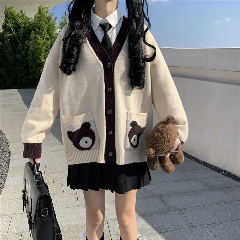 Kawaii Women Sweater Y2k 2022 Autumn Japanese Jk School Uniform Sweet Preppy Cute Bear Cartoon Cardigan Sweaters Print Knitting