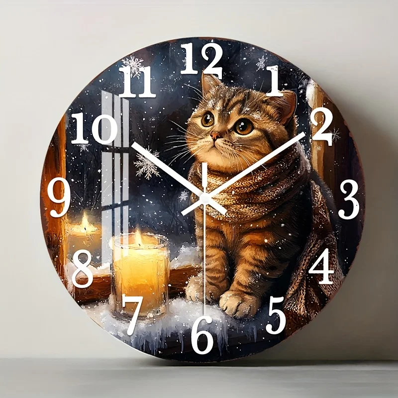 1pc 2D Flat Wall Clock Non-Ticking Wooden, Circular Clock HD Glossy Lamination Finish Winter cat with candles Design for Foyer,