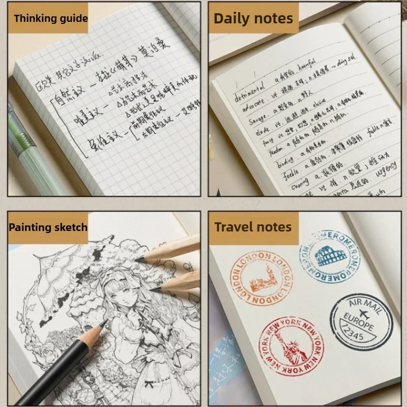 A6 Pocket Thickened Notebook 256 Pages 128 Sheets Line Blank Grid Inner Pages Kraft Paper Cover Small Notepad Book