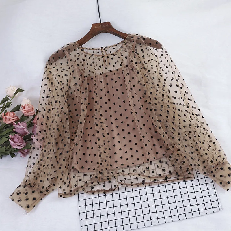 Two-piece Set Polka Dots Mesh Blouses 2022 Spring Summer Women Sweet Long Sleeve Blouse Ladies Short Slim Bottoming Tank Tops