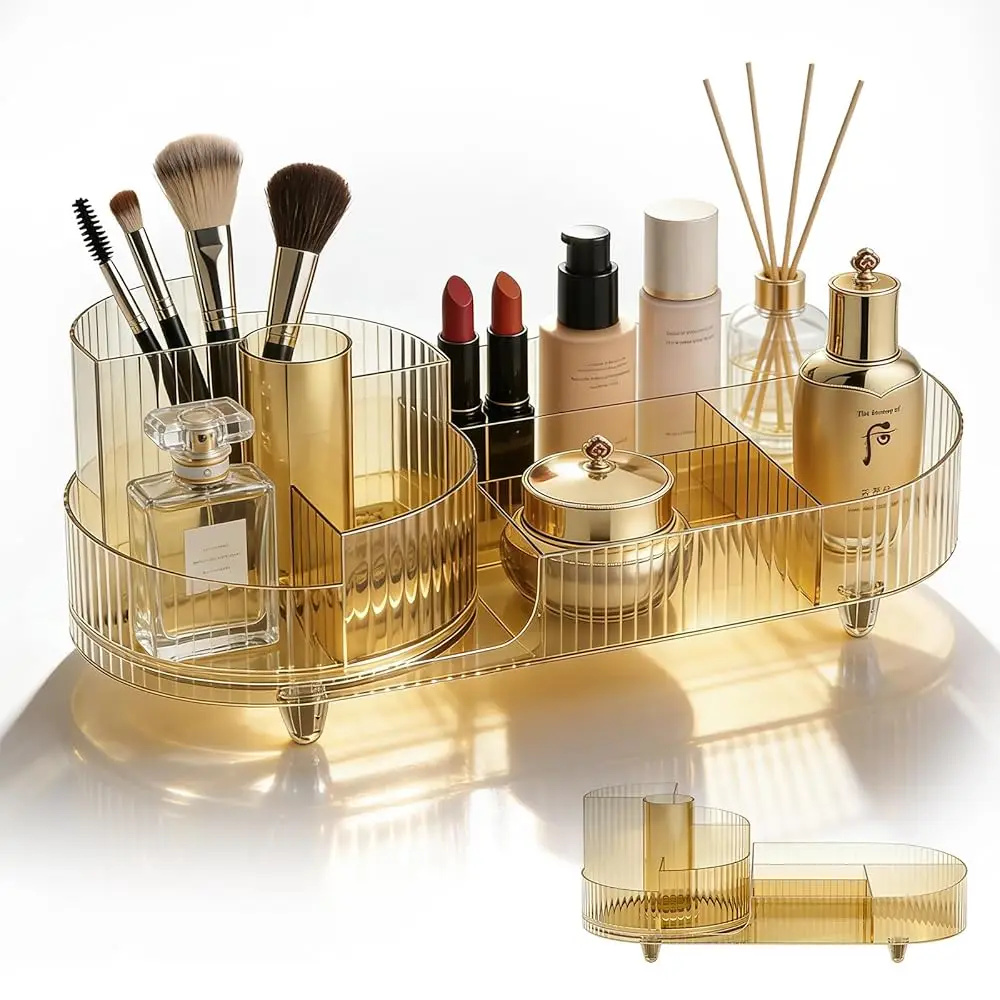 

Вращающийся органайзер для косметики, настольный контейнер для хранения косметики 360° ° Вращающаяся подставка-органайзер для косметики, прозрачная, золотая