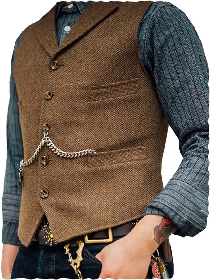 SOLOVEDRESS Men Herringbone Tweed Vest 6