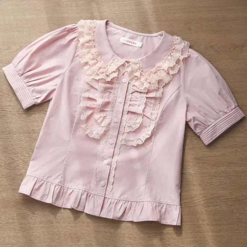 Blusas de encaje Kawaii con cuello Peter Pan para Mujer, camisas estilo victoriano Vintage de estilo Lolita, Blusas japonesas elegantes con mangas abullonadas para Mujer