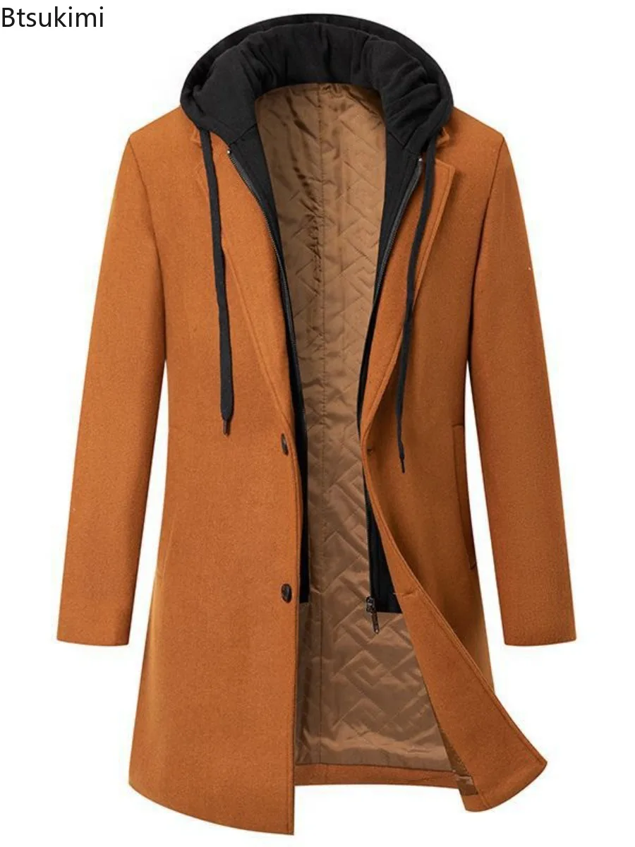 

Luxury Men's Business Casual Wool Trench Coats Fashion Hooded Warm Long Woolen Coats Autumn Winter Thickened Windbreaker Jackets