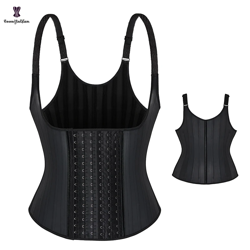 6 Hook 25 Steel Bones Latex Vest With Strap Solid Black Leather Corset Top For Women Chest Binder Bustier Plus Size XS-6XL