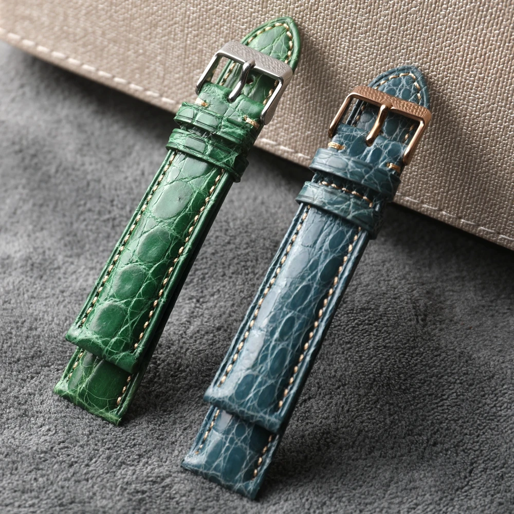 High-end Crocodile Leather Strap, 18MM 20MM 22MM, Blue Green Garden Pattern, Genuine Leather Strap, Vintage Style, Men's Bracele