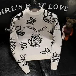 Men's Trendy Printed Crew Neck Sweater, 2024 Winter New Embroidered Casual Warm Knitwear Blusas De Frio De Lã Frete Grátis