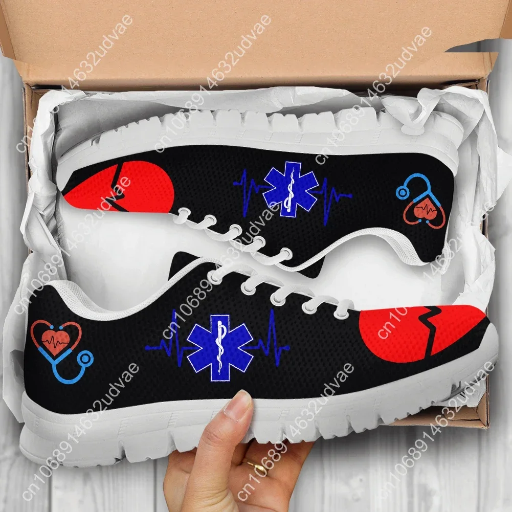 Brand Designer Medical ECG Flat Shoes For Hospital Worker Heart Beat Blue EMT Print Lace Up Sneaker Mujer Zapatos