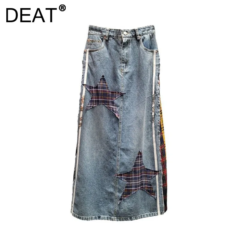 

DEAT Women's Denim Skirt Patchwork Five Pointed Star Contrast Color Plaid A-line Long Skirt Autumn 2024 New Fashion 29L8857