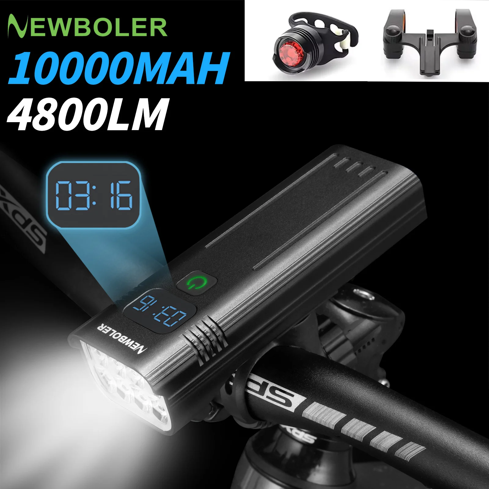 

Фонарь NEWBOLER 10000 мАч, велосипедный фонарь 4800 люмен, водонепроницаемый комплект для горных велосипедов с 2 держателями, USB-зарядка, аксессуары для велосипедов