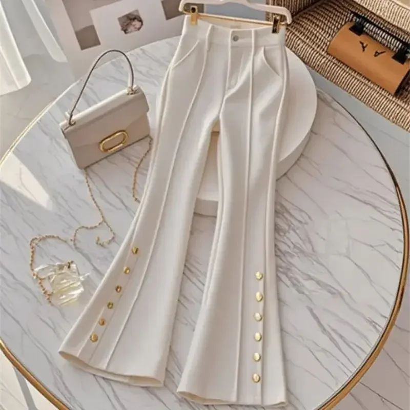 New Luxury Slim Women's Pants High End Fashion Design Buttons Elegant White Flare Trousers High Waist Office Lady Pants Clothing