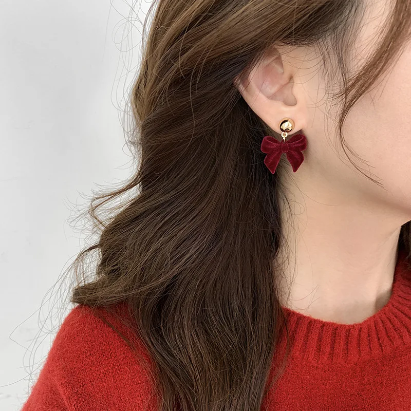 Classic Burgundy Velvet Bow Earrings for Women Jewelry Vintage Flocking Bowknot Dangle Statement Earings Party New Year Gift