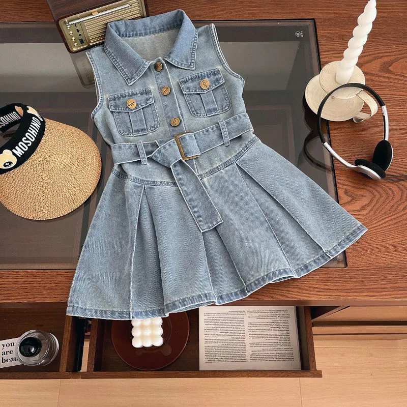 Girls' Fashionable Sleeveless Denim Dress Summer Korean Version Children's Lapel Waist Cinched Vest Dress for Baby Kids Clothes