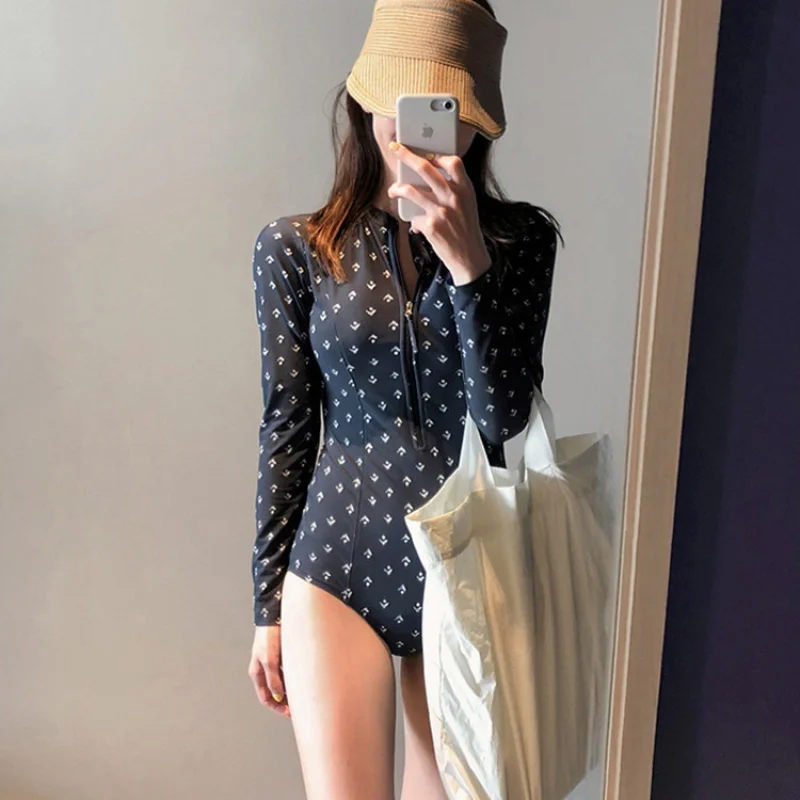 Minsu 2025 South Korea New Sexy Slim Cover Belly Slimming Sun Protective Polka Dot Long Sleeve Zipper One-Piece Professional Wom