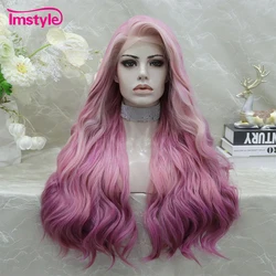 Imstyle Ombre Roze Pruik Synthetische Laca Front Pruik Highlight Lange Golvende Pruiken Voor Vrouwen Hittebestendige Vezel Cosplay Pruik