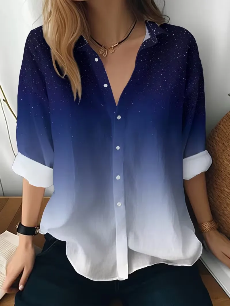 Women's Long Sleeved Flip Tie Button Top, 3D Color Gradient Printed Casual Shirt, Fashionable and Personalized Top