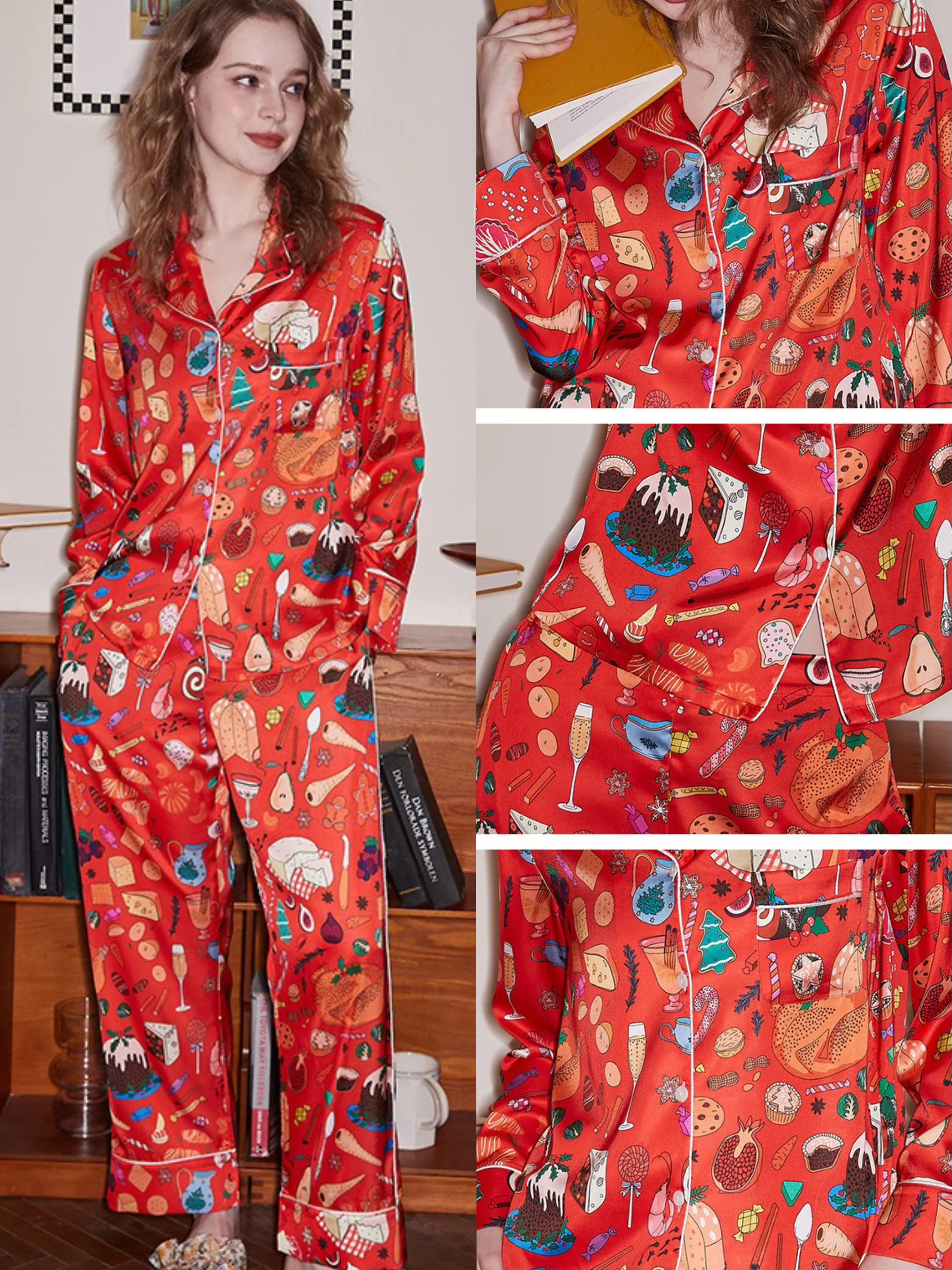 Spring /summer Ladies Cute Sweet Dessert Printed Sleepwear Orange Ice Silk Long Sleeve Open Front Thin Home Clothes Outfits