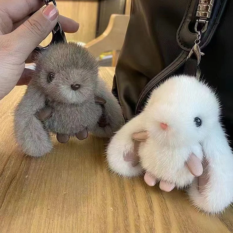 Hase Stofftier Plüschtier Kaninchenfell Schlüsselanhänger Flauschig Weich Niedlich Fuzzy Accessoires Pelziger Schlüsselanhänger Geschenk für Mädchen Kinder