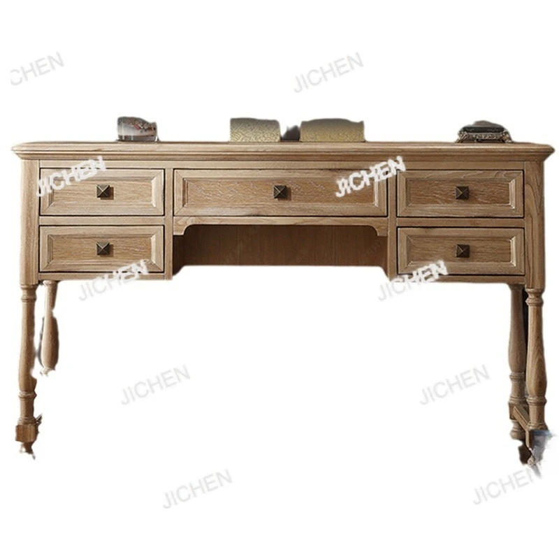 Classical Old Solid Wood Desk, Modern Simple Desk, Light Luxury Carved Writing Table, Fully Equipped with Solid Wood