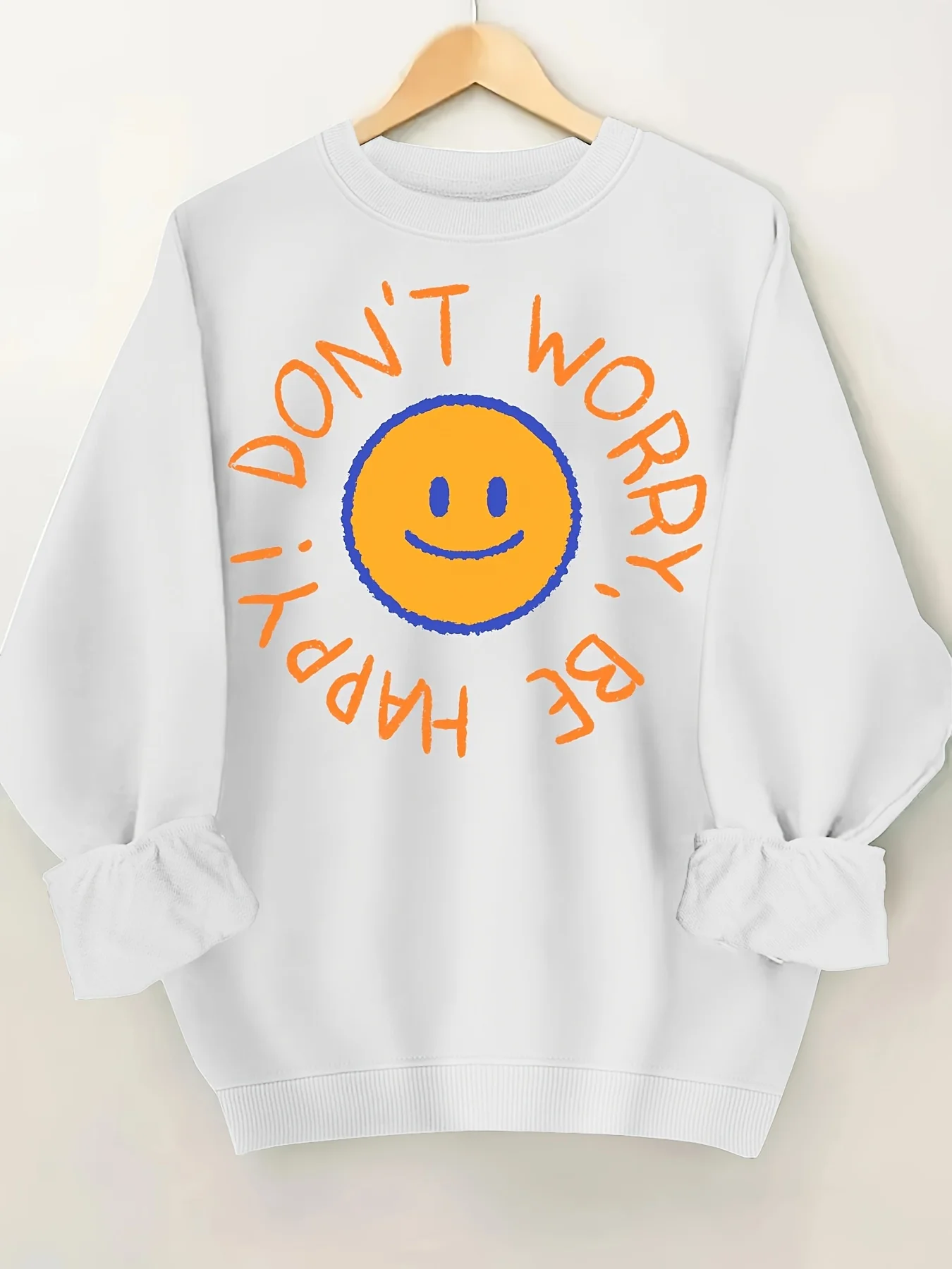 100% Polyester Long Sleeve Geometric Pattern Casual Sweatshirt Happy Face Print Round-Neck Sweatshirt