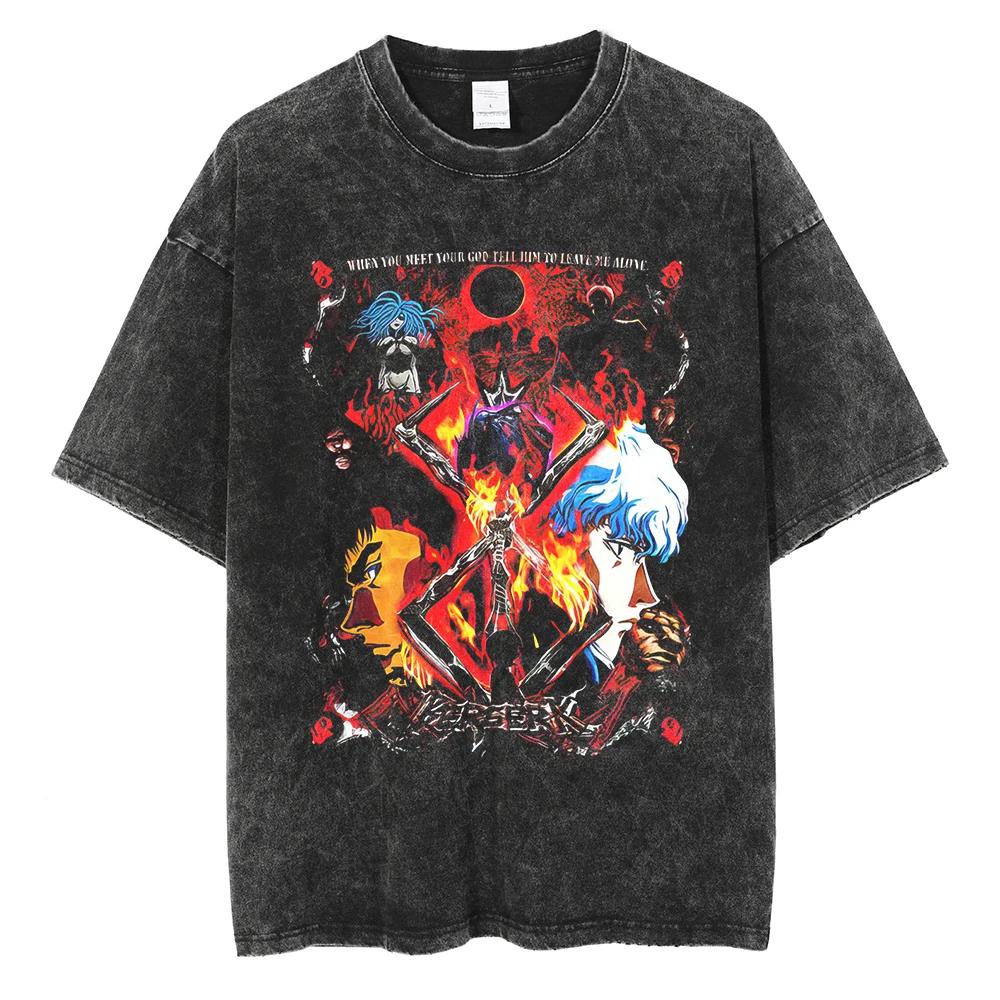 

2026 New Hot Summer Berserk Manga Tshirt Guts Anime T Shirt for Men Women T-shirt Vintage Washed Cotton Clothing Casual Tees