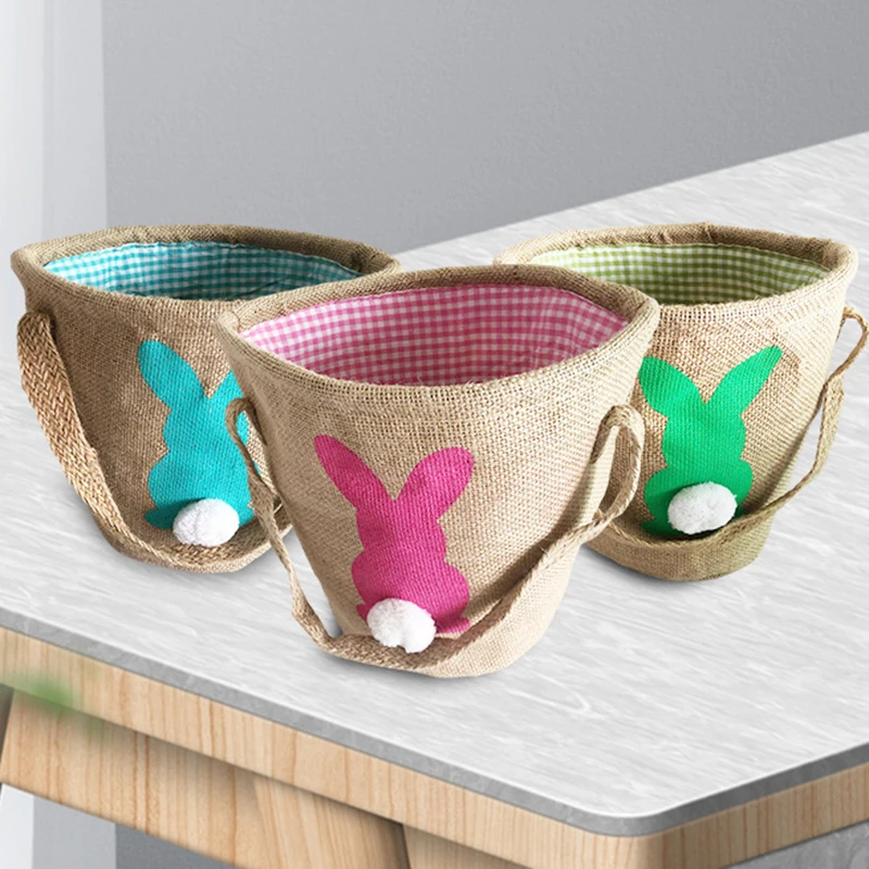 

Cute Easter Rabbit Candy Gifts Tote Baskets Fashion Easter Linen Hand Basket Party Favor Children Bunny Grid Lining Burlap