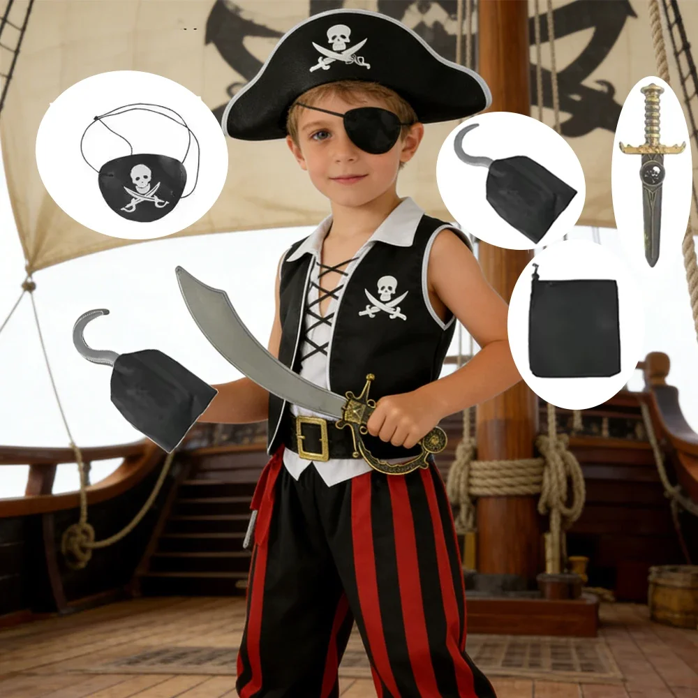 Kids Pirate Cosplay 7Pcs Set Black Vest Hat Hook Eye Mask Bag Comfortable Outfit For Halloween Festival Party Dress Up