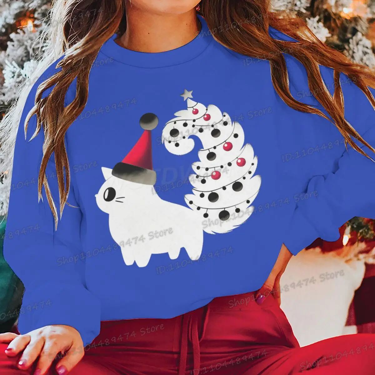 الرجال النساء عيد الميلاد هوديس مضحك الكرتون القط شجرة عيد الميلاد الطباعة طويلة الأكمام الشارع الشهير الجدة للجنسين هدية عيد الميلاد البلوز