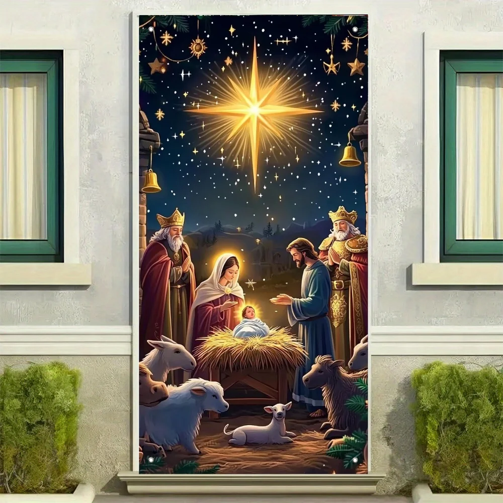 Bannière de porte de scène de la nativité - Fond de bienvenue du festival, Mary, Joseph et Jesus Boy, décoration de style bohème