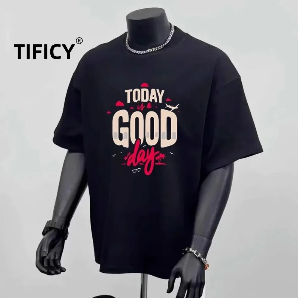 

High Street Letter Printed Heavyweight Pure Cotton Short Sleeved T-shirt Men's Summer Casual Loose and Versatile Tshirts Top