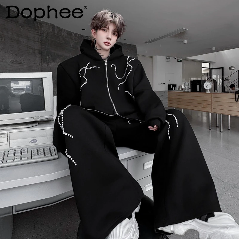 

Мужские осенние новые шикарные комплекты свитшотов на молнии ручной работы с капюшоном и бисером, брюки, мужские широкие длинные брюки, модные комплекты из двух предметов