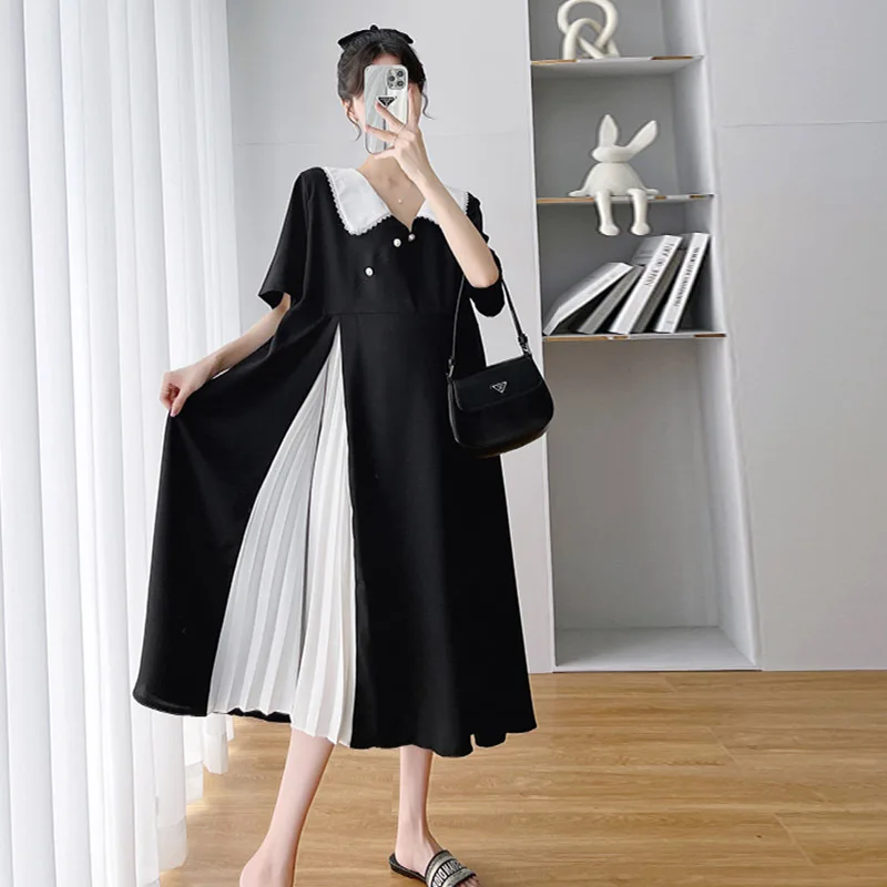 Summer New Maternity Dress Korean Version Fashion Unique Stitching Temperament Formal Dress Pleated 2022 Black Pregnancy Dresses