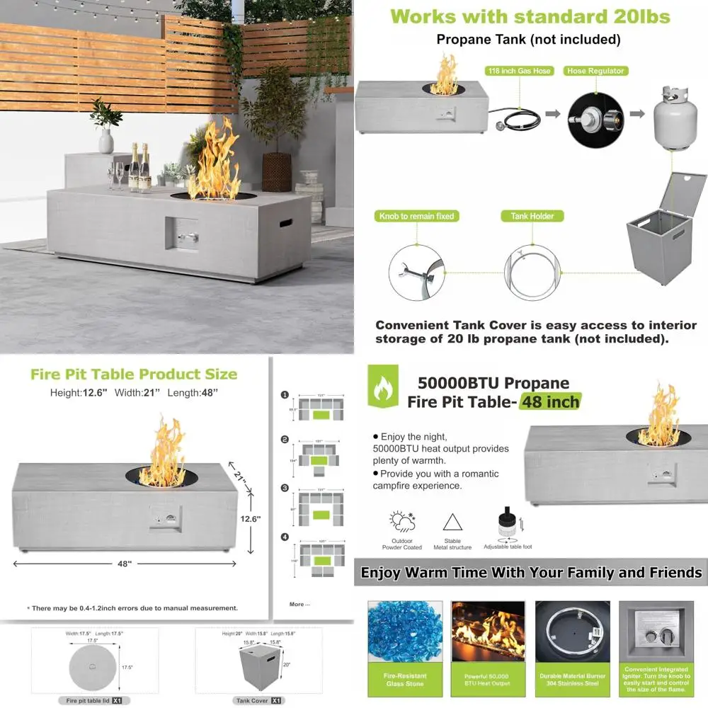 

Стол для костра на пропане, 50 000 БТЕ, прямоугольный дизайн, диаметр 48, в комплект входит крышка, камни, крышка, место для хранения бака и длительный B.