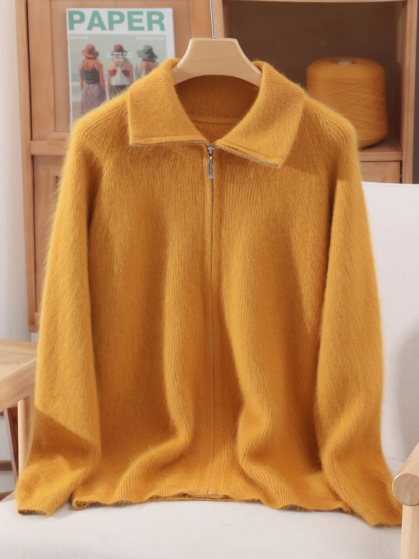 

TLOML Women's 100% Mink Cashmere Knitwear Turn-Down Collar Zipper Cardigan Autumn Winter Mink Cashmere Sweater Soft Casual Tops