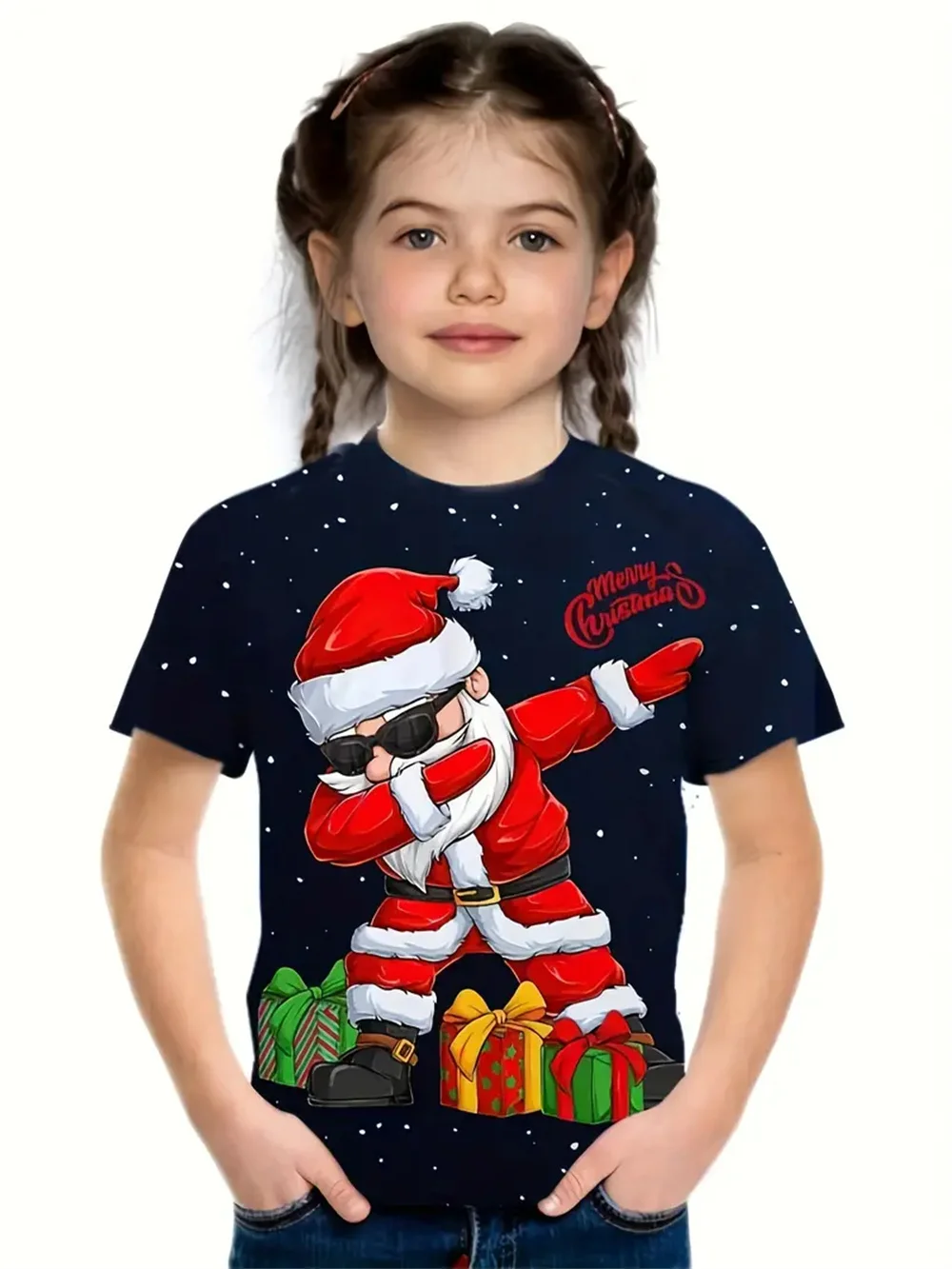 Christmas Day Santa Claus 3d Print Girls' T-Shirts Festival Fashion Short Sleeved Tops Casual T-Shirts Girls' Clothing