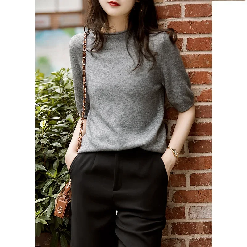 Summer Knitted Women Blouse Half-Turtleneck Tops Fashion Loose Elegant Clothing Half Sleeve Shirt